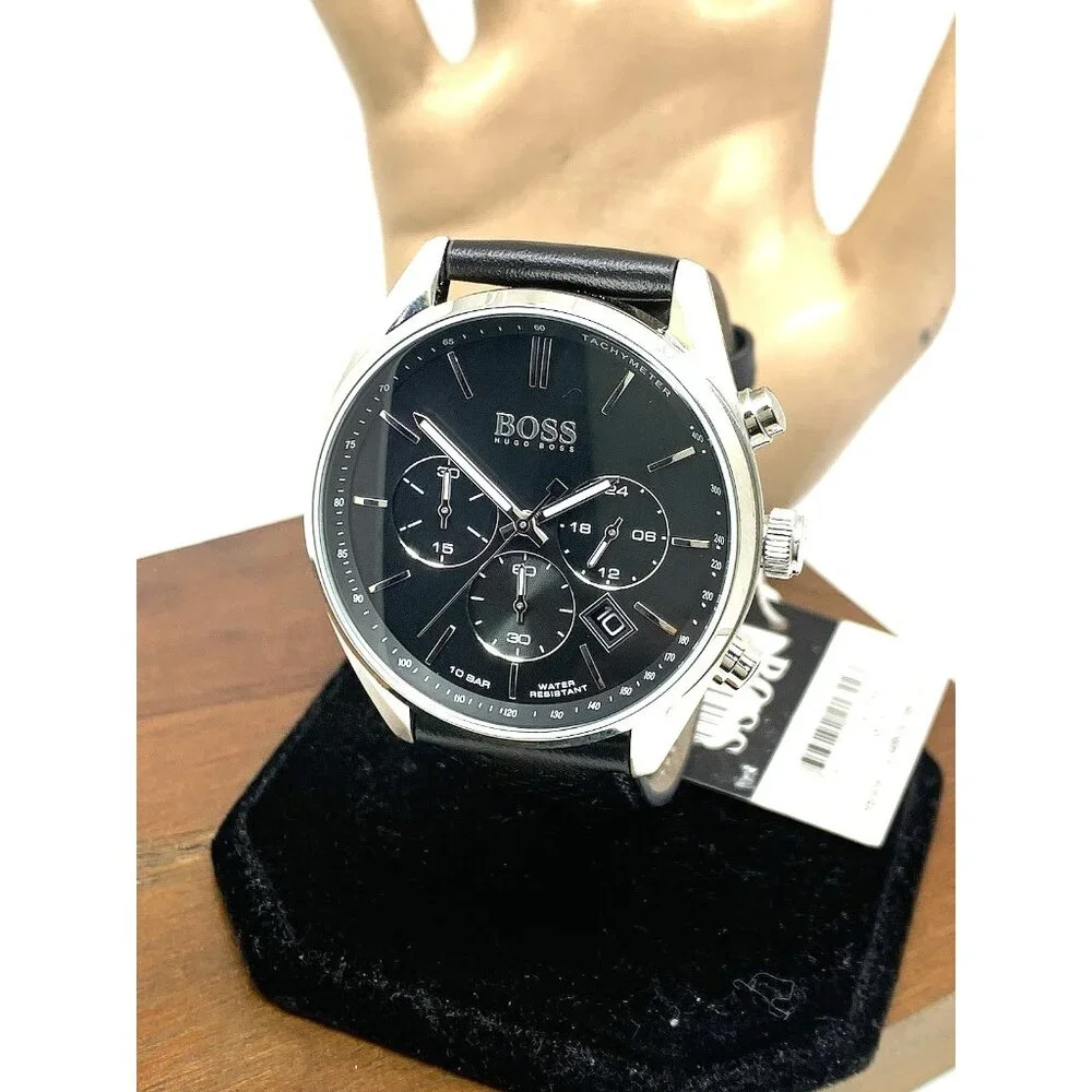 Hugo Boss Men's Watch 1513816 Quartz Chronograph Black Dial Leather Band 44mm